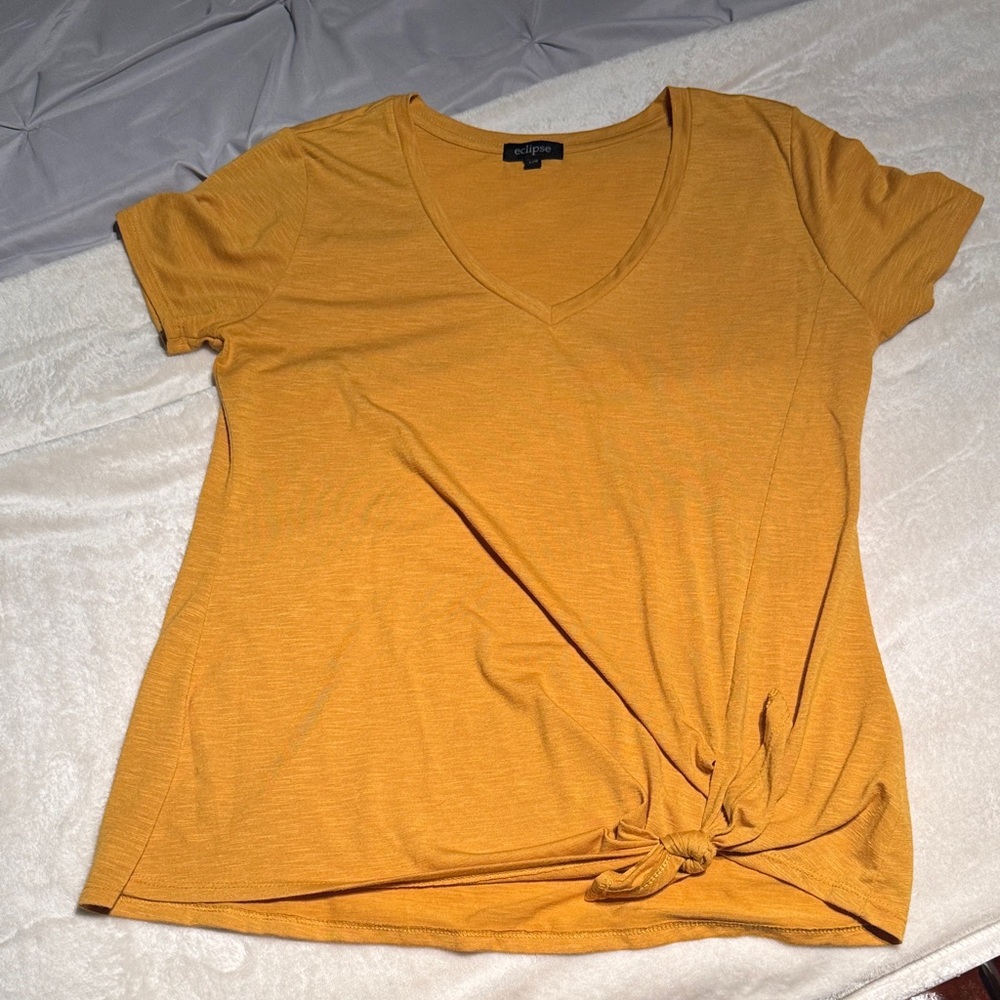 Eclipse Mustard V-Neck Tee with Knot Detail